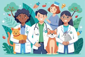 A colorful illustration featuring a team of four diverse veterinarians, each holding a pet, showcasing their dedication to animal care. vector