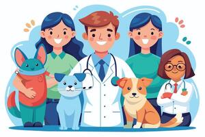 A cartoon illustration of a veterinarian team with pets. They are all smiling and happy, showing the positive impact of veterinary care. vector