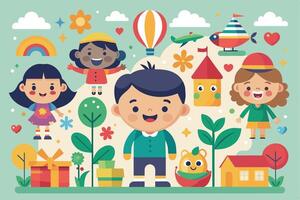 A cartoon illustration of four children playing in a colorful world filled with playful objects, including a hot air balloon, a toy boat, and a rainbow. vector