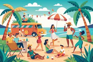 A group of diverse people are enjoying a beach day, complete with a food truck, an umbrella, palm trees, and even a musical performance. vector