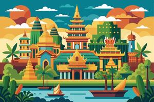 An illustration of traditional Cambodian architecture, featuring elaborate temples and buildings with intricate details, set against a vibrant sunset backdrop. vector