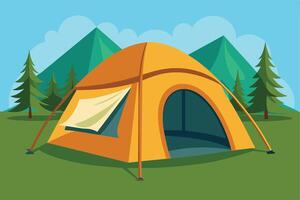 A yellow tent is set up in a clearing in a mountain forest, with a blue sky and white clouds in the background. vector