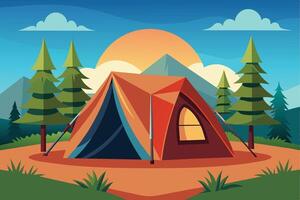 A colorful illustration of a camping tent set up in a forest clearing with mountains in the background, as the sun sets. vector