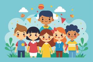 A cartoon illustration of a diverse group of children smiling and standing together in a celebratory setting with colorful decorations and a blue sky. vector