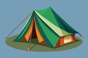An illustration of a green and orange tent set up on grass, with blue sky in the background. vector