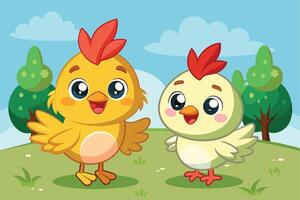 Two baby chicks stand on a grassy field, smiling and looking at each other. The chicks are yellow and white with red combs. They are surrounded by green trees and a blue sky with clouds. vector