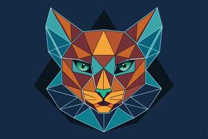 A digital illustration of a cats face rendered in geometric shapes, primarily teal and orange. The cats eyes are a vibrant green. vector