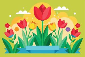 An illustration of colorful flowers blooming in a garden, with a blue ribbon in the foreground and a yellow, green, and white background. vector