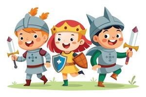 A cartoon illustration of three children dressed as knights, each holding a sword or shield, standing in a grassy field. vector