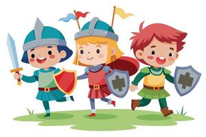 A cartoon illustration featuring three children dressed as knights, running in a field with swords and shields. vector