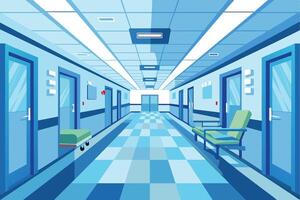 A cartoon depiction of a long, empty hospital corridor with doors leading to different rooms, tiled floor, and chairs in the foreground. vector