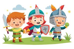 A cheerful illustration depicting three young children dressed as knights, with one holding a sword, another a shield, and the third a green ball. vector