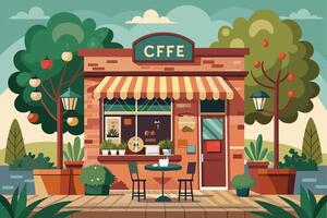 A cartoon illustration depicting a cozy coffee shop with an outdoor patio, inviting guests to relax and enjoy a cup of coffee on a sunny afternoon. vector