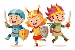 Cartoon of three kids in medieval knight costumes, with swords and shields, joyfully running. vector