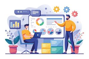 An illustration of two business professionals analyzing data presented on a computer screen. One person points to charts and graphs, while the other reviews them on a laptop. vector