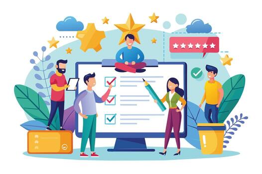 A group of people working on a checklist on a computer screen with positive feedback symbols like a 5-star rating and a trophy. vector