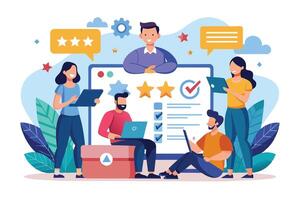 4 individuals collaborating on a project, using technology, giving feedback, and striving for success and positive results. vector