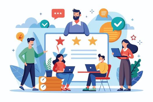 An illustration of a team working together on a project, with a large whiteboard displaying three stars indicating high customer ratings and positive feedback. vector