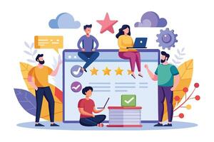 Illustration of a team reviewing a website on a big screen with 5 stars and check marks for positive feedback and completion. vector