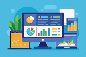 Illustration of various devices displaying analytics data, including pie charts, bar graphs, and line graphs. vector