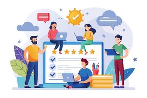 A colorful illustration depicts a team of individuals using laptops to provide feedback and reviews online, emphasizing collaboration and positive customer experiences. vector