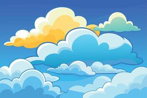 A cartoon-style image of a bright blue sky with fluffy white and yellow clouds, perfect for use as a background or illustration. vector
