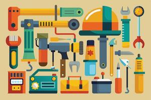 An illustration featuring various tools and equipment in a flat design style, showcasing a colorful and diverse range of tools for various tasks. vector