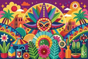 A colorful and vibrant illustration with a masked figure at its center surrounded by tropical plants, flowers, and a stylized cityscape. The background features a sun, clouds, and stars. vector