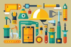 A digital illustration featuring a variety of colorful tools and construction equipment arranged in a flat design style against a beige background. vector