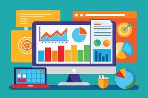 This illustration depicts a desktop computer screen with colorful data visualizations including graphs, charts, and pie charts, along with a laptop and mouse. vector