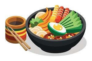 A bowl of ramen noodles with an egg, avocado, and other ingredients, with chopsticks and a small bowl of soy sauce on the side. vector