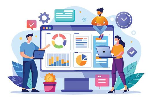 A team of three people work together to analyze data displayed on a large computer screen, featuring charts and graphs. vector