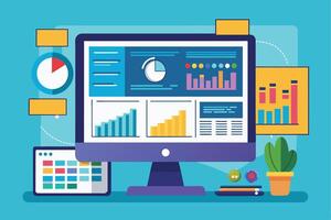 A computer screen displays various data charts and graphs, including bar graphs, line graphs, and pie charts, illustrating a digital analytics dashboard. vector