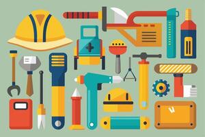 An image depicting various construction tools and equipment, including a saw, a drill, a hammer, a wrench, a level, and safety gear. vector