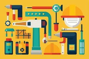 A colorful illustration featuring various tools and equipment used in construction, presented in a flat design style. vector