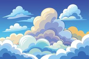 A digital illustration of fluffy clouds in a bright blue sky. The clouds are white, light blue, and gray with a cartoon-like appearance. vector