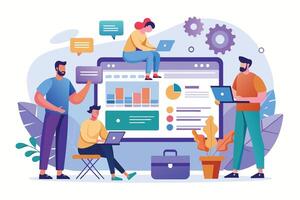 A team of four people collaborate on a website analytics dashboard, analyzing charts, graphs, and data. vector