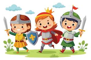 A digital illustration of three children dressed as knights, with a sword and shield, playing in a grassy field with a blue sky. vector