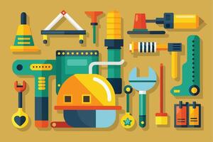 A colorful illustration depicting a variety of construction tools in a flat design style. The tools include a wrench, a hammer, a level, a screwdriver, and a hard hat. vector