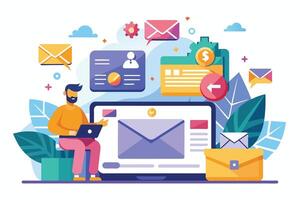 A man sits on a colorful block, working on his laptop. The screen displays an open email with analytics information. Various icons of email, dollar signs, and graphs surround him. vector