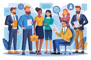 A diverse group of business professionals work together on a project, using a tablet, a magnifying glass, and other office tools. vector