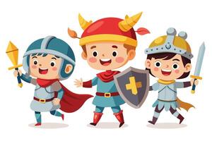 Three children are depicted as knights in a cartoon illustration. They are smiling and holding swords and shields. The illustration is bright and colorful. vector
