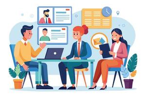A group of three professionals is gathered around a table in a meeting, discussing business. vector