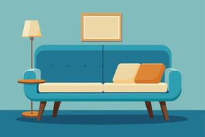 A blue sofa with white and orange pillows is positioned in a room with a floor lamp and a rectangular picture frame hanging on the wall. vector
