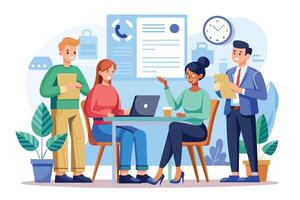 A diverse team of four people have a casual meeting around a table with a laptop and documents, one of the people is making a point. vector