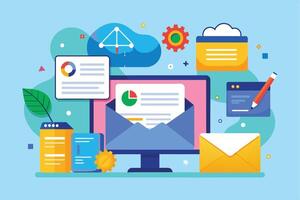 Illustration depicting a computer screen showing an email with a pie chart and a business strategy for growth. vector