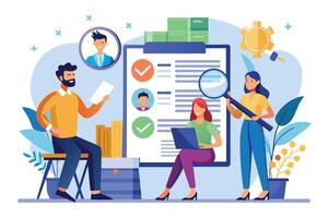 Illustration depicting a team of professionals reviewing candidate resumes and applications for a job opening, carefully analyzing qualifications. vector