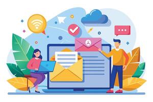 Illustration depicting two individuals using laptops to send and receive emails, with a cloud icon and wifi signal symbolizing internet connectivity. vector