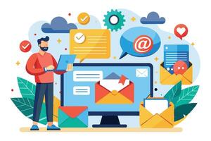 Illustration of a man using a laptop to send and receive email messages. The image also depicts various email icons, including envelopes and a speech bubble with an at symbol. vector
