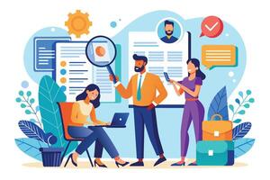 A team of three people are discussing a candidates profile during a job interview. They are looking at a resume, reviewing qualifications, and using a magnifying glass to examine details. vector